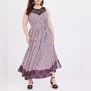 Torrid Pink Floral Mixed Print Lace Yoke Challis Maxi Dress - NWT